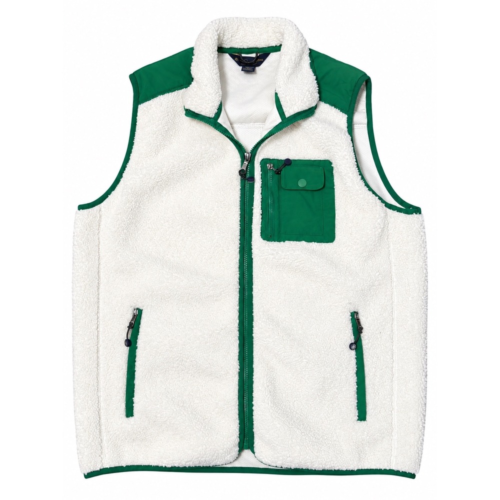 Brooks Brothers Mens XL Sherpa Fleece Vest White Green Full Zip Mock Neck Logo